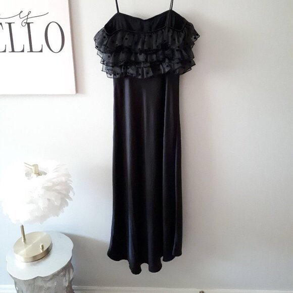 NWT Zara black satin-like maxi slip-like long dress w/ sheer ruffled accents, M - Picture 9 of 10